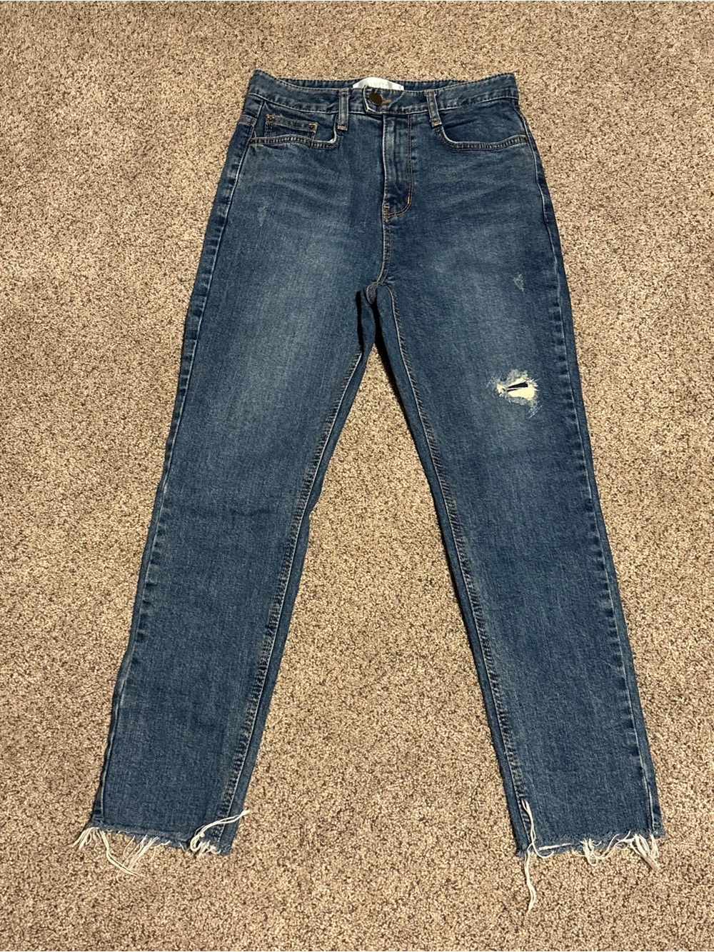 Graymellow Dark Blue High-Rise Straight Jeans with Raw Hem and Knee Distress